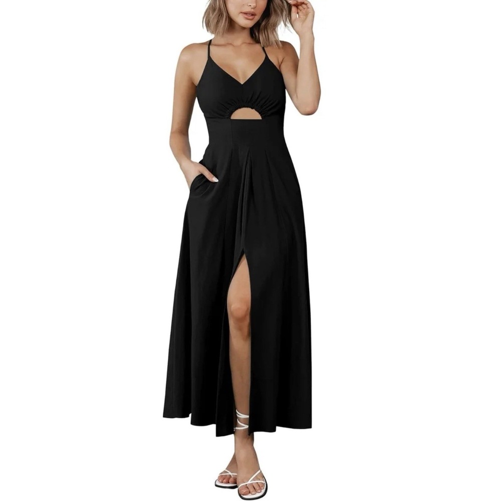 BTFBM Women S Black Spaghetti Strap Cutout Maxi Dress V Neck Slit Pockets